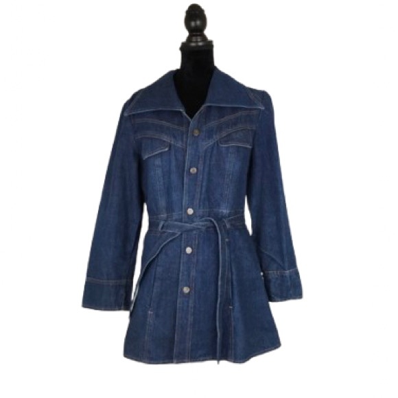 Vintage 60’s 70’s Women’s Long Jean Jacket Pointy Collar Dark Blue Denim Belted
